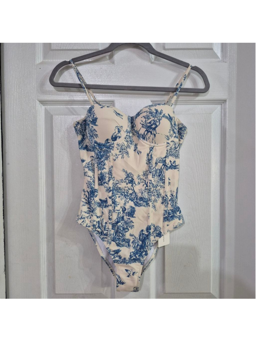 Women's COMMENSE White & Blue Toile Print One Piece Swimsuit S - Picture 3 of 9